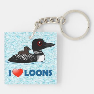 I Love Common Loons Square Keychain (double-sided)