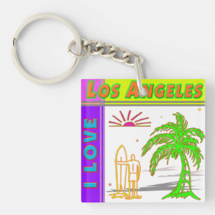 "I LOVE Los Angeles"Sun Palm Tree&Surfer2 Keychain