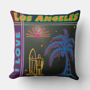 "I LOVE Los Angeles" Sun, Palm Tree&Surfer Pillow