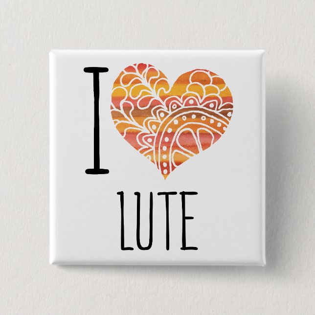 I Love Lute Orange Mandala Heart Button (Front)