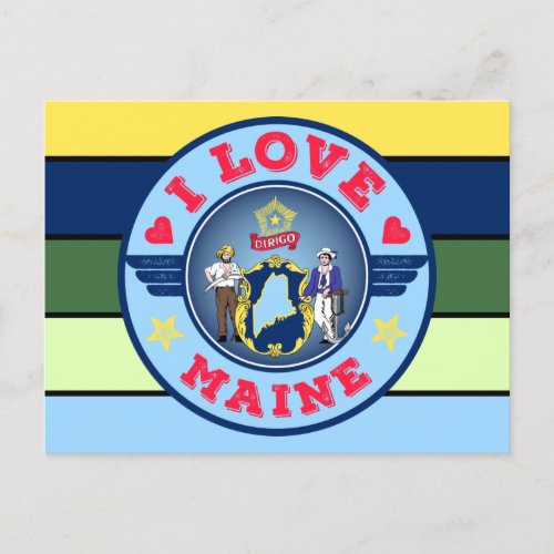 I Love Maine Stripe Pattern State Flag and Map Postcard