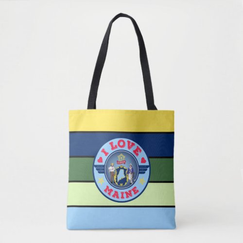 I Love Maine Stripe Pattern State Flag and Map Tote Bag