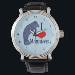 I Love Manatees Watch<br><div class="desc">A cute blue manatee next to a red heart for a marine animal expert or biologist who loves endangered species and fights for animal rights. I love manatees watch.</div>