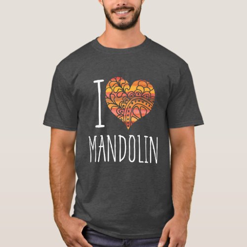 I Love Mandolin Yellow Orange Mandala Heart T-Shirt