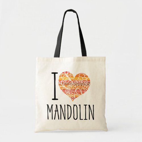 I Love Mandolin Yellow Orange Mandala Heart Tote Bag
