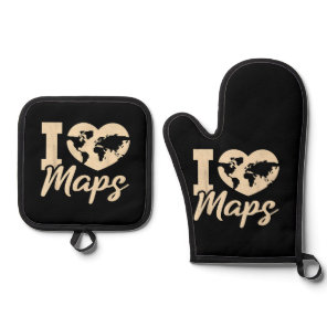 I Love Maps, Geography Oven Mitt & Pot Holder Set