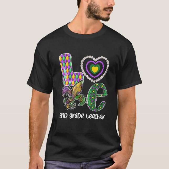 I Love Mardi Gras 2Nd Grade Teacher Plaid Leopard T-Shirt (Front)