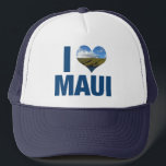 I Love Maui Hawaii Cute Hawaiian Vacation Trucker Hat<br><div class="desc">I love Maui Hawaii hat with a cute heart shaped photo of the blue Hawaiian ocean and green mountains. Beautiful coastal waters make me happy on summer vacation. A cute keepsake cap with windmills on a hill.</div>