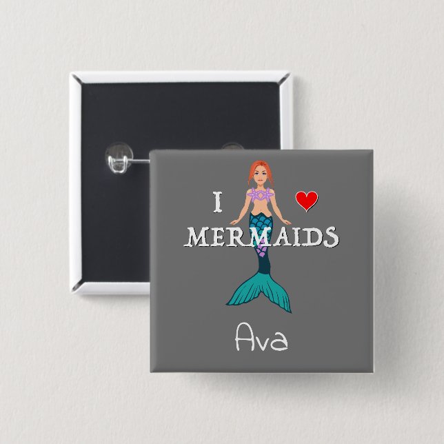 I Love Mermaids Design - Square Magnet Button (Front & Back)