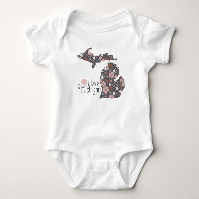 I Love Michigan Playful Floral Pink Brown Black Baby Bodysuit (Front)