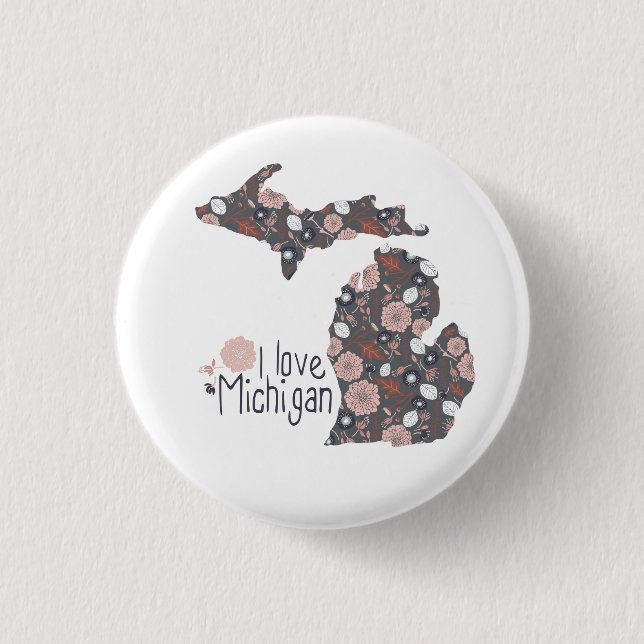 I Love Michigan Playful Floral Pink Brown Black Button (Front)