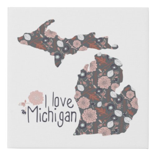 I Love Michigan Playful Floral Pink Brown Black Faux Canvas Print