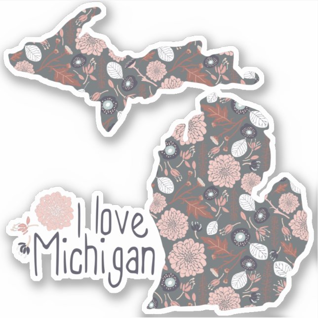 I Love Michigan Playful Floral Pink Brown Black Sticker (Front)
