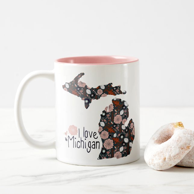 I Love Michigan Playful Floral Pink Brown Black Two-Tone Coffee Mug (I Love Michigan Playful Floral Pink Brown Black Two-Tone Coffee Mug with floral fill.)