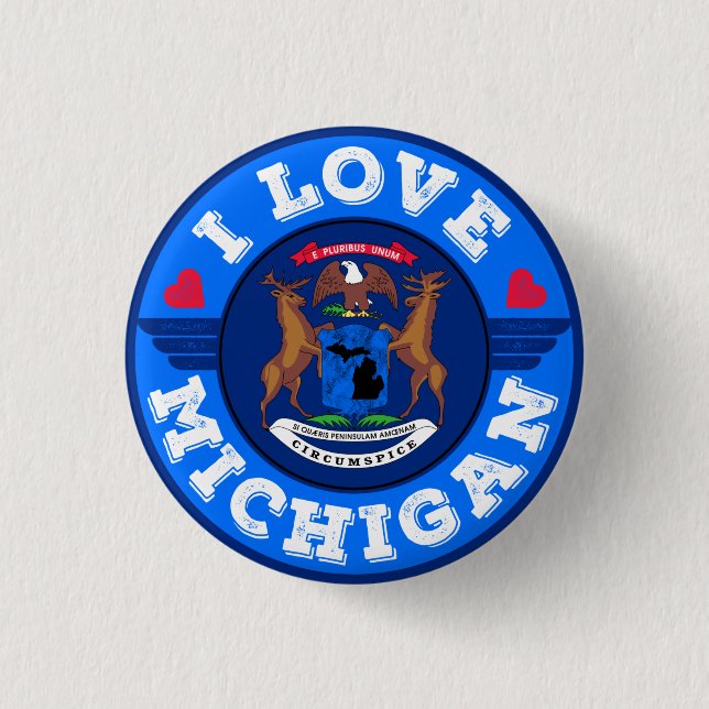 I Love Michigan State Map and Flag Button (Front)