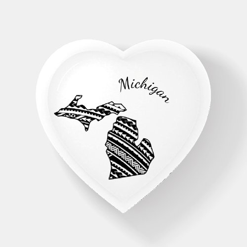 I Love Michigan State Outline Mandala Heart Paperweight