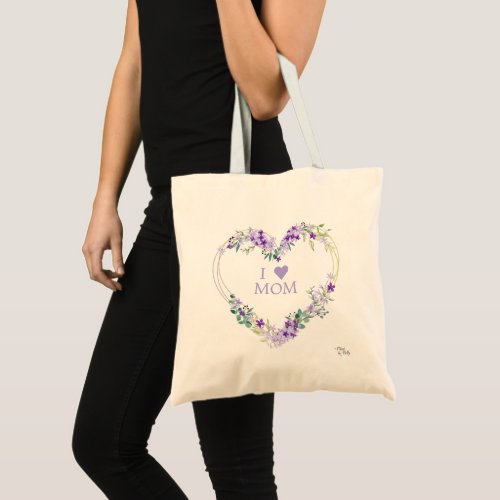 I Love Mom Floral Wreath Heart in Purple Shades Tote Bag