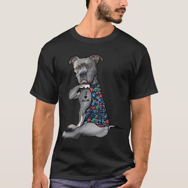 I Love Mom Funny Pitbull Dog Tattoo Flower Mother' T-Shirt (Front)