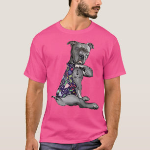 I Love Mom Funny Pitbull Dog Tattoo Flower Mother' T-Shirt