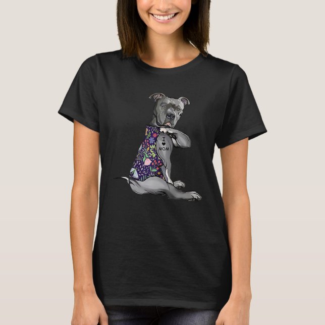 I Love Mom Funny Pitbull Dog Tattoo Flower T-Shirt (Front)