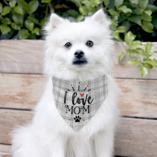 I Love Mom Red Heart Gray Plaid Dog Pet Bandana Collar