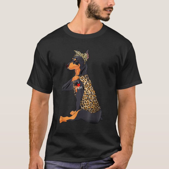 I Love Mom Tattoo Doberman Dog With Bandana T-Shirt (Front)
