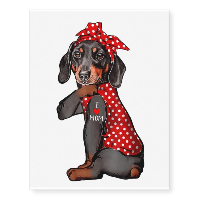 I Love Mom Tattoo Funny Dachshund Dog Wearing Band (Front)