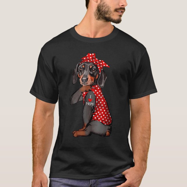 I Love Mom Tattoo Funny Dachshund Dog Wearing Band T-Shirt (Front)