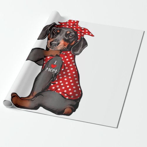 I Love Mom Tattoo Funny Dachshund Dog Wearing Band Wrapping Paper