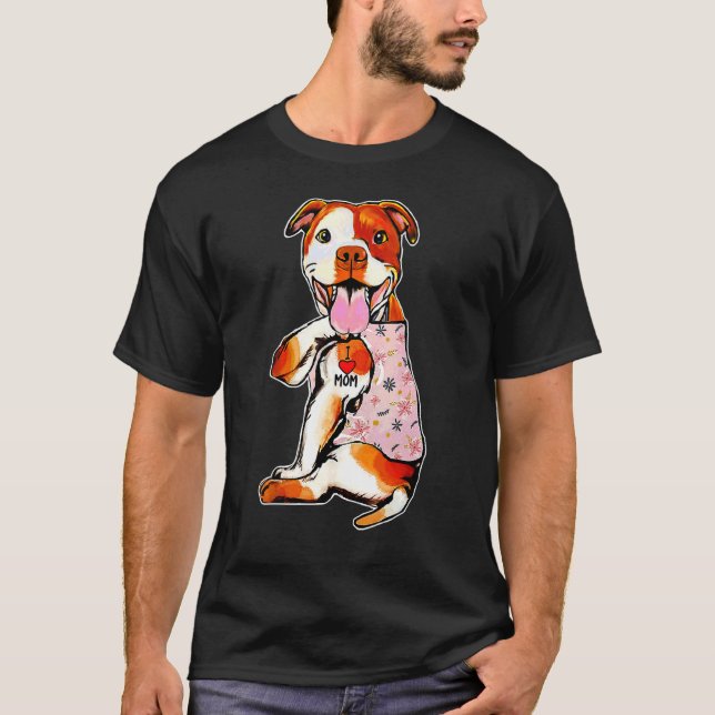 I Love Mom Tattoo Pit Bull Dog Flowers Mother's Da T-Shirt (Front)