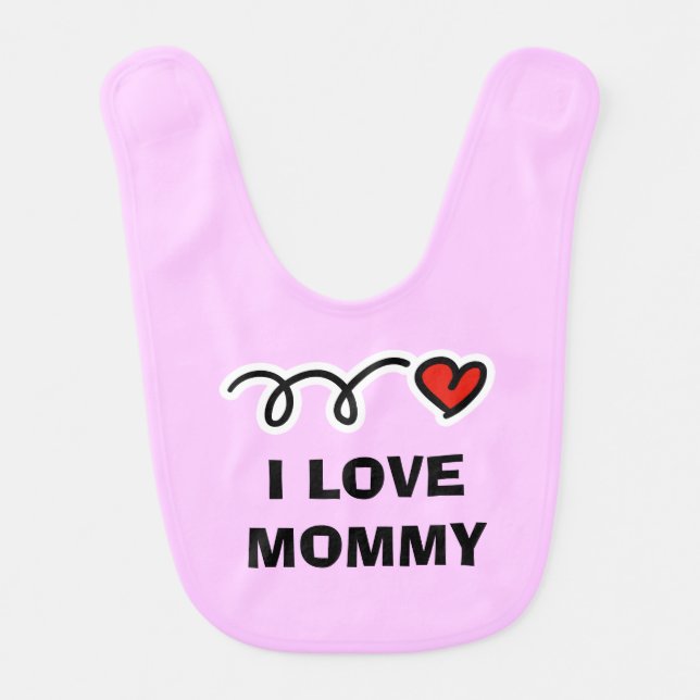 I love mommy pink baby bib with name and red heart (Front)