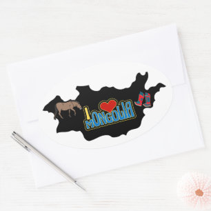 I Love Mongolia Map Mongolian Horse Gutal Boots Oval Sticker