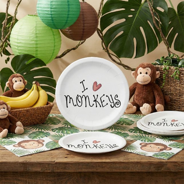 I Love Monkeys Cute Handwritten Typography Paper Plates (Creator Uploaded)