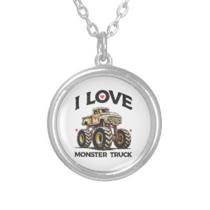I Love Monster Truck Silver Plated Necklace