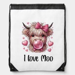 I love moo! cute scottish highland cow drawstring bag