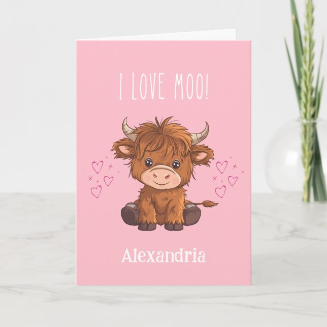 I Love Moo Highland Cow Valentine Holiday Card (Front)