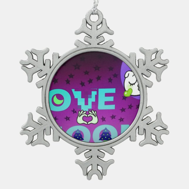 "I Love Moon" – A Whimsical Celestial Art Design Snowflake Pewter Christmas Ornament (Front)