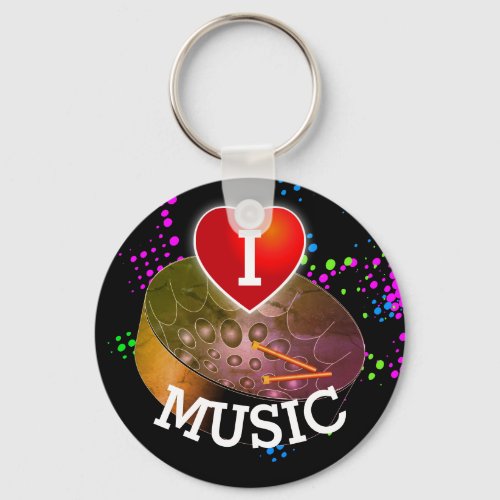 I Love Music with Heart and Pan  Black Background Keychain