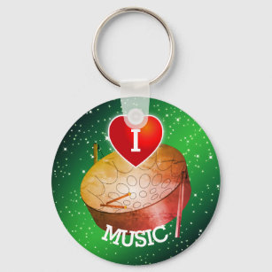 I Love Music with Heart and Pan   Green Background Keychain