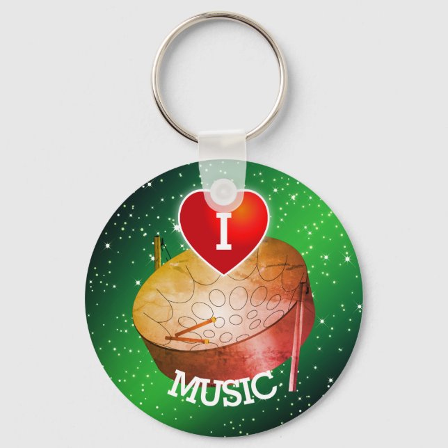 I Love Music with Heart and Pan | Green Background Keychain (Front)