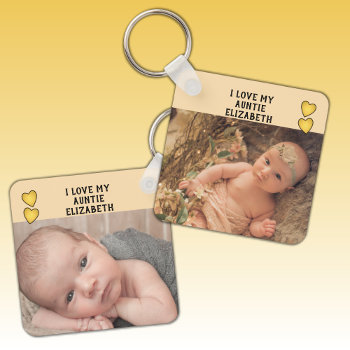 I Love My Auntie Name Photos Yellow Double Sided Keychain by LynnroseDesigns at Zazzle