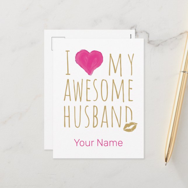 I love My Awesome Husband Wedding Anniversary Holiday Postcard (Front/Back In Situ)