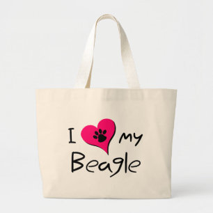 I Love My Beagle Cute Paw Print on Heart Large Tote Bag