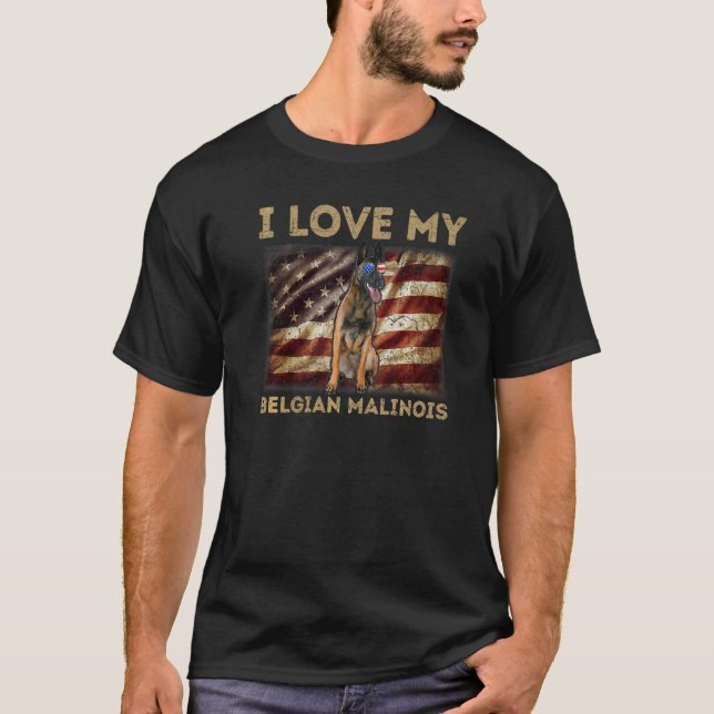 I Love My Belgian Malinois Dad Mom American Flag W T-Shirt (Front)