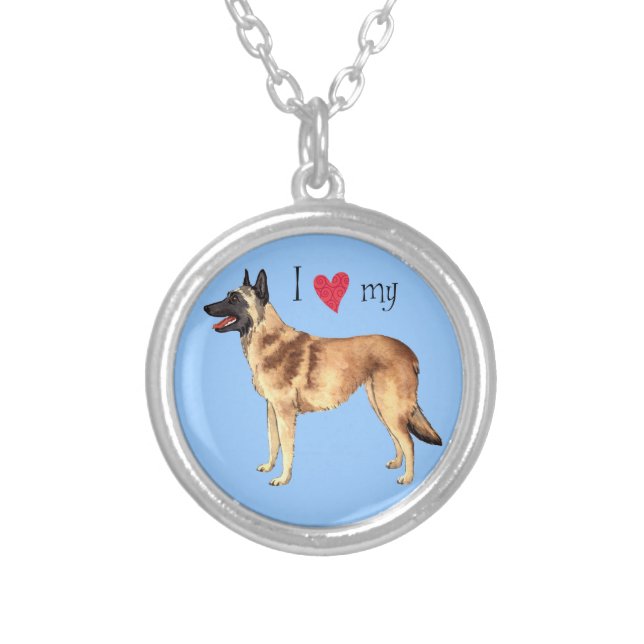 I Love my Belgian Malinois Silver Plated Necklace (Front)