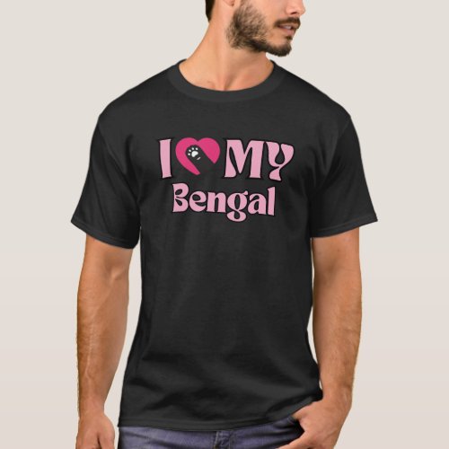 I Love My Bengal Cute Pink Heart Cat Paw T_Shirt