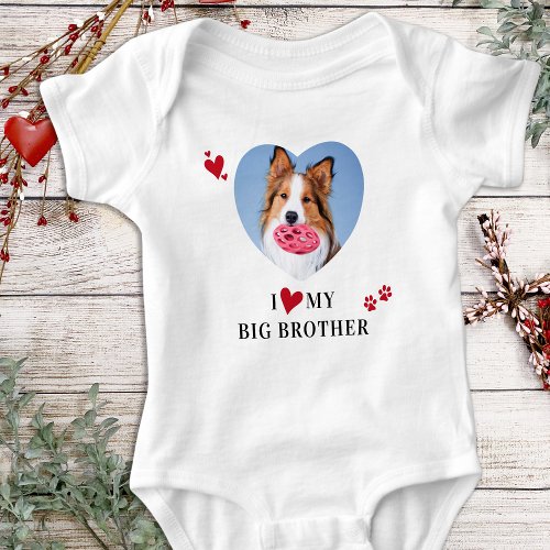 I Love My Big Brother Custom Heart Dog Photo Baby Bodysuit
