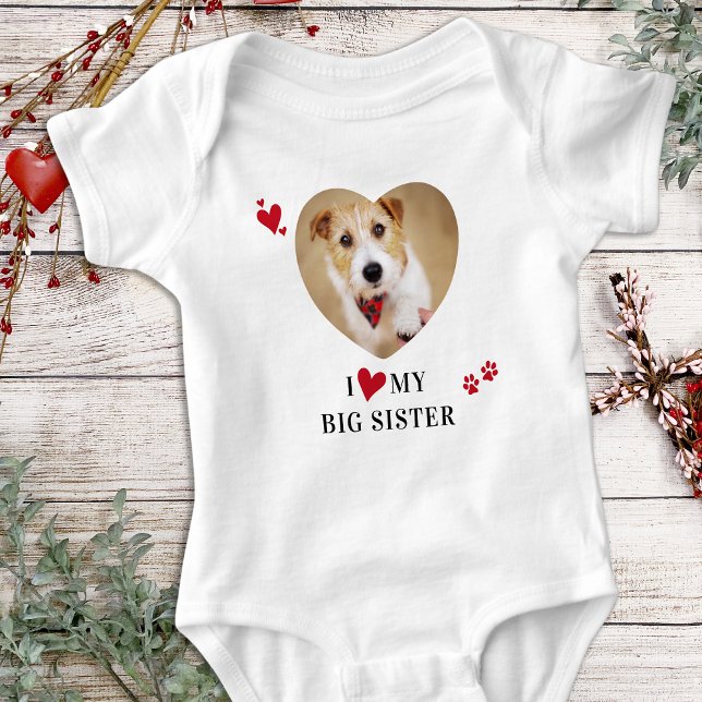 I Love My Big Sister Custom Heart Dog Photo Baby Bodysuit (Creator Uploaded)