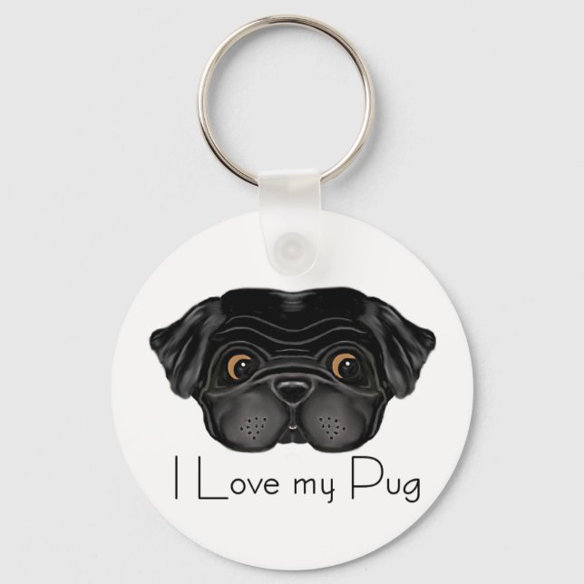 I Love My Black Pug Cute Black Pug and Love Quote Keychain (Front)