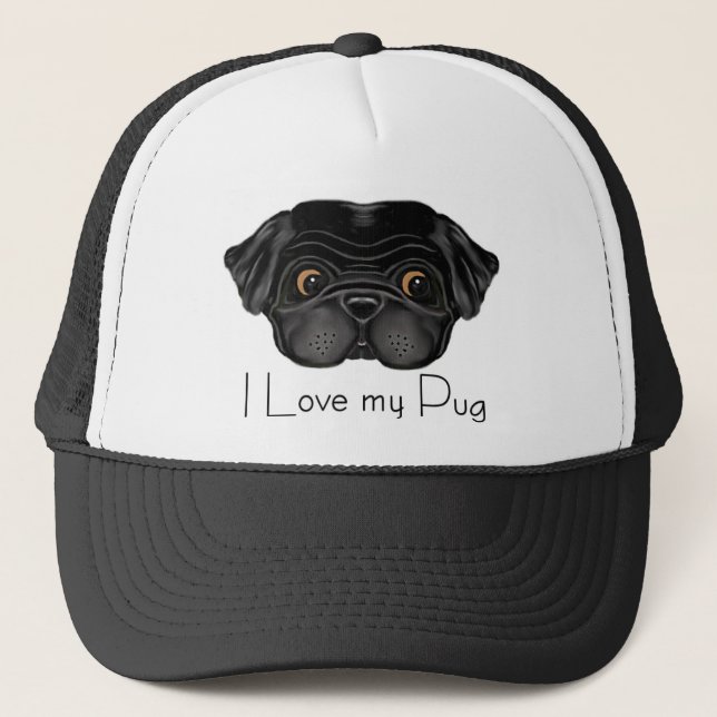 I Love My Black Pug Cute Black Pug and Love Quote Trucker Hat (Front)